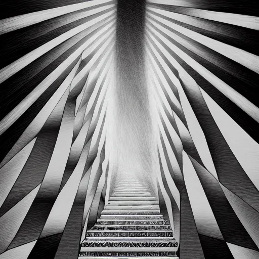 Image similar to A black and white freemasonic chequered surrealist digital painting of a stairway to into the clouds in the art style of jeff koons, Gilbert williams, Edwin Frederic Church and Christopher Balaskas, trending on artstation, 4k UHD