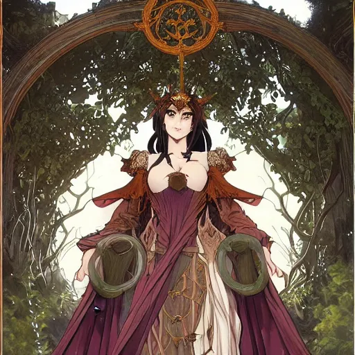 Image similar to anime key visual of amora the enchantress wearing a medieval gown!! intricate, magical forest, stunning, highly detailed, digital painting, artstation, smooth, hard focus, illustration, art by artgerm and greg rutkowski and alphonse mucha