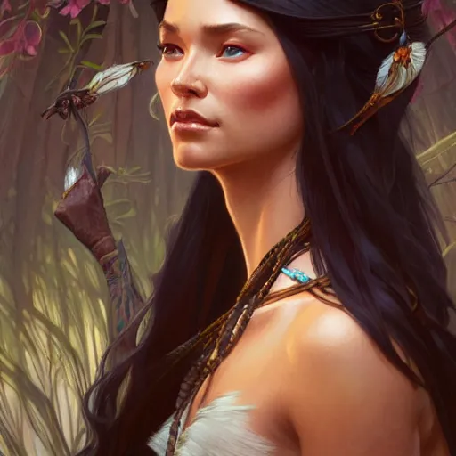 Image similar to Pocahontas, D&D, fantasy, intricate, elegant, highly detailed, digital painting, artstation, concept art, matte, sharp focus, illustration, art by Artgerm and Greg Rutkowski and Alphonse Mucha