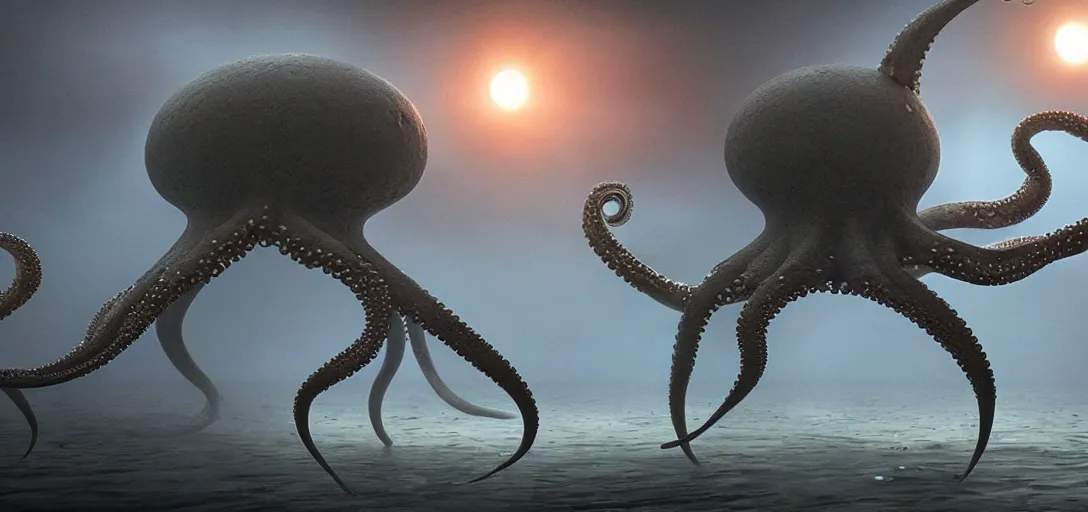 Prompt: a complex organic fractal 3 d metallic symbiotic ceramic megastructure octopus consuming a solar system, foggy, cinematic shot, photo still from movie by denis villeneuve, wayne barlowe