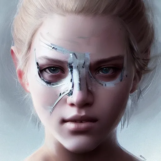 Prompt: blonde haired girl wearing a digital mask, digital art, pretty face, very beautiful face, very detailed eyes, ultra detailed, by wlop, greg rutkowski,