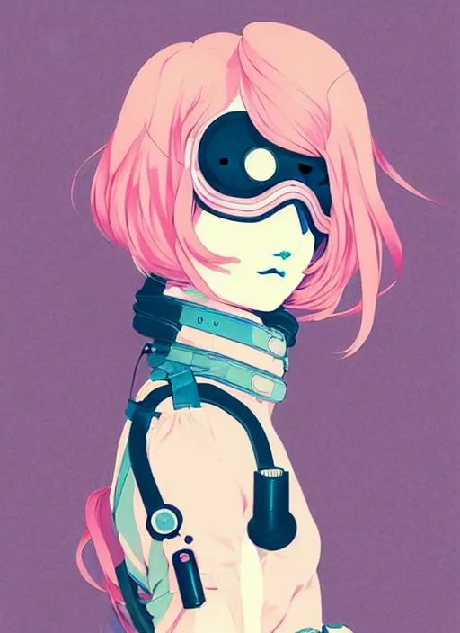 Image similar to singular girl with wearing gas mask, very anime!!! anime!! intricate details, aesthetically pleasing pastel colors, poster background, art by conrad roset and ilya kuvshinov