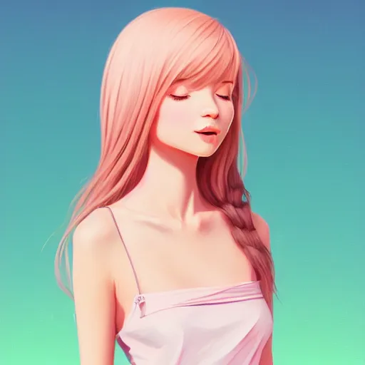 Image similar to happy adult female in sundress, summer dress, pastel light pink very long hair, muted colors, matte print, pastel colors, 2d, ultra highly detailed, digital art, digital painting, fan art, elegant, artstation, head is centered, by Ilya Kuvshinov