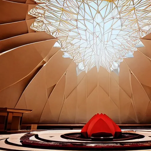 Image similar to interior of a futuristic lotus temple with gold, red and white marble panels, shafts of sunlight in the centre, in the desert, by buckminster fuller and syd mead, intricate contemporary architecture with art nouveau motifs, photo journalism, photography, cinematic, national geographic photoshoot