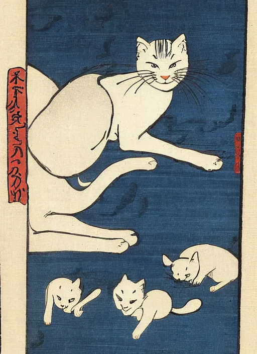 Prompt: whitecat with 2 baby white cats of utagawa hiroshige