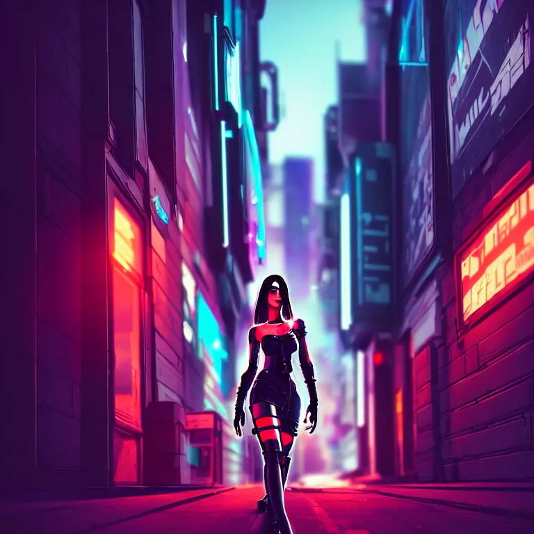 Image similar to cyberpunk girl in a cyberpunk street, night, cinematic lighting, very detailed