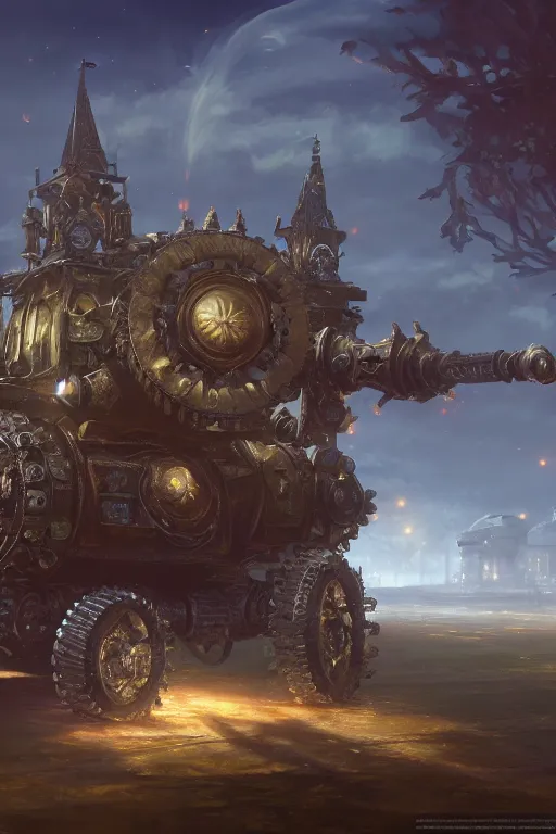 Image similar to a mobile driving ornate cathedral church mounted on a tank with chain drive, warhammer 4 0, scene in an open field. key visual, conceptart, ambient lighting, highly detailed, digital painting, artstation, concept art, sharp focus, by makoto shinkai and akihiko yoshida and kris kuksi