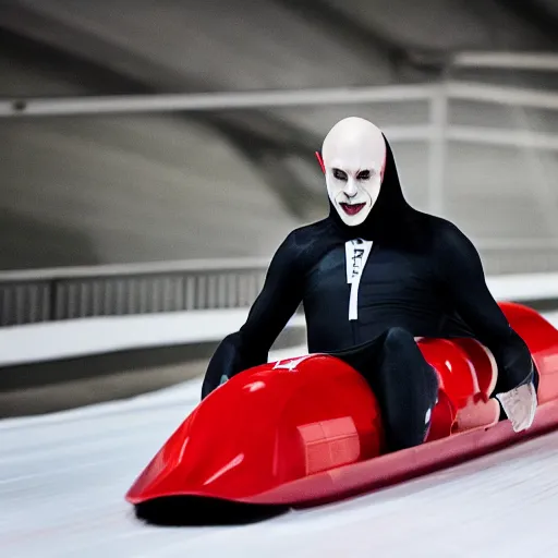 Prompt: portrait of nosferatu is doing bobsleigh alone, sport photography