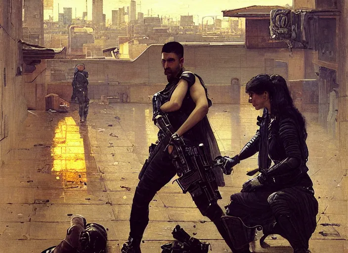 Prompt: Maria evades pvt griggs and tavish. Cyberpunk hacker escaping Menacing Cyberpunk corporate security officers. (dystopian, police state, Cyberpunk 2077, bladerunner 2049). Iranian orientalist portrait by john william waterhouse, Edwin Longsden Long, Theodore Ralli and Nasreddine Dinet, oil on canvas. Cinematic, vivid colors, hyper realism, realistic proportions, dramatic lighting, high detail 4k