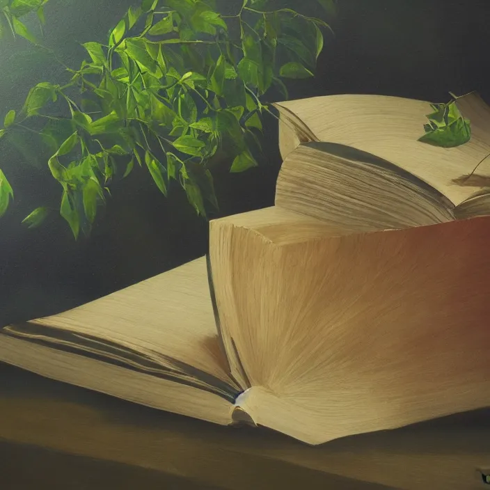 Prompt: still life painting of large book and greenery by tony ackland, deep depth of field. highly detailed, hyper realism, golden hour, god rays, hd, 4 k