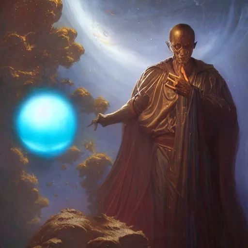 Image similar to the creator of worlds wearing a cloak and holding a holographic planet projection in his hand, detailed, sci - fi, digital painting, artstation, sharp focus, illustration, ominous, artgerm, tomasz alen kopera, peter mohrbacher, donato giancola, joseph christian leyendecker, wlop, frank frazetta