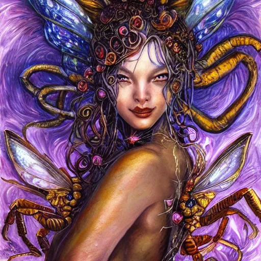 Image similar to portrait of a scorpion fairy, fantasy, whimsical, horror, art by josephine wall and and hr geiger and chengwei pan, intricately detailed, highly detailed, luxurious, elegant, clean, unsettling, trending on artstation