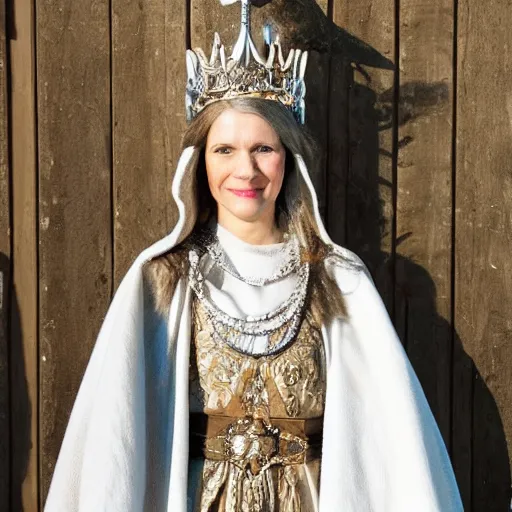 Image similar to photo of a real! beautiful nordic queen with ornate crown and cloak