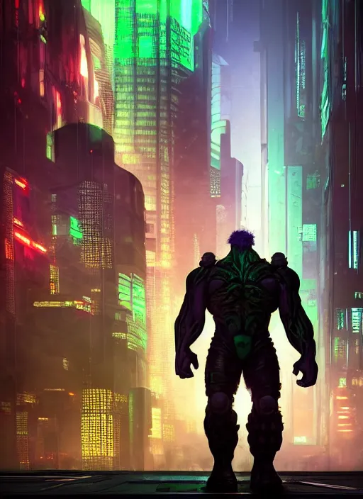 Image similar to cyberpunk scifi scene of a cybernetric modifed hulk, artstation, matt painting, very detailed, maximalism, ambient occlusion, volumetric light, atmospheric haze, unreal engine, hyper realism, realistic shading, cinematic composition, realistic render, octane render, detailed textures, photorealistic, wide shot