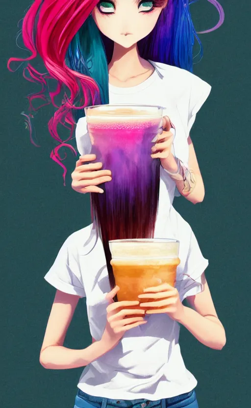 Image similar to a kawaii woman with rainbow hair, happy, summer time, holding boba tea drink, soft eyes and narrow chin, dainty figure, long hair straight down, kawaii shirt and jeans, basic white background, In style of by Jordan Grimmer and greg rutkowski, crisp lines and color