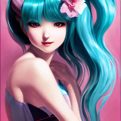 Image similar to Hatsune Miku by Gil Elvgren and Daniela Uhlig