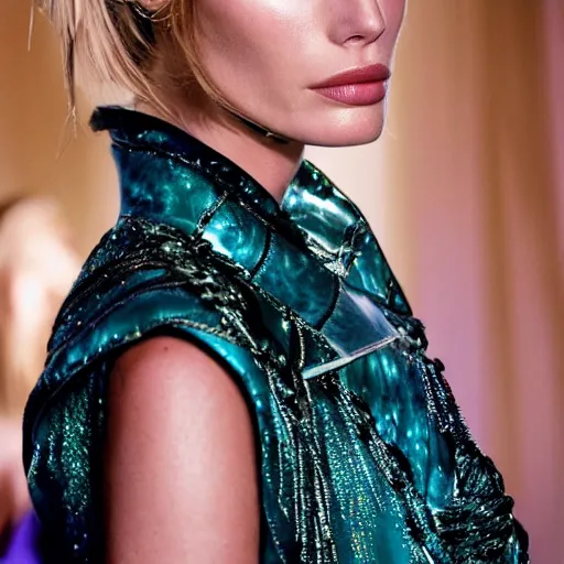 Prompt: A beautiful portrait of Julia Stegner as a model at Versace fashion show Spring/Summer 2014, highly detailed, in the style of cinematic, fashionweek backstage,makeup by Pat Mcgrath, By greg rutkowski and thomas kinkade