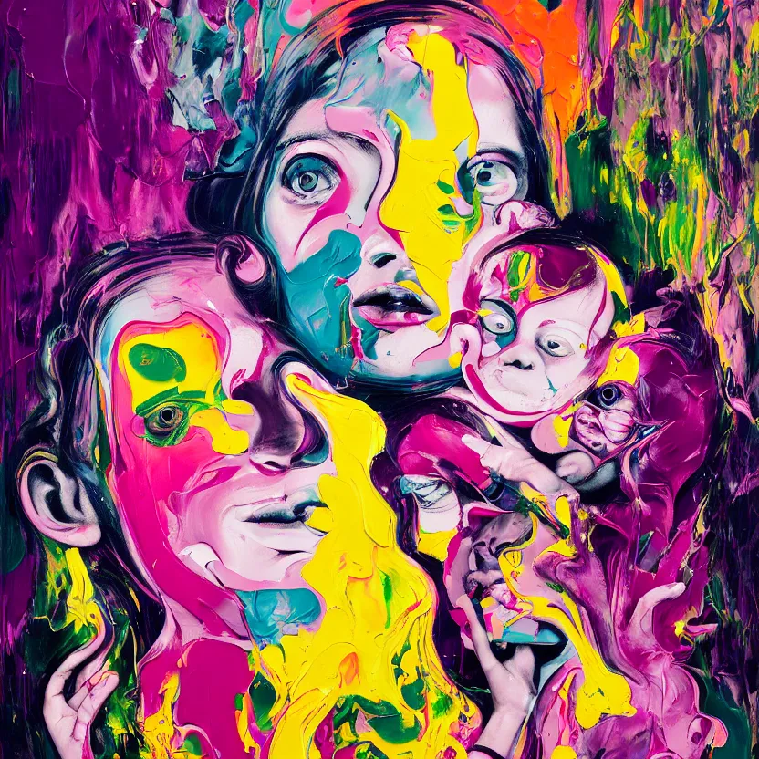 Image similar to woman holding a baby, an ultrafine detailed painting by peter max and francis bacon and fiona rae and hernan bas and anna mond, featured on deviantart, metaphysical painting, pop surrealism, melting paint, biomorphic, mixed media, photorealistic, dripping paint, palette knife texture, masterpiece