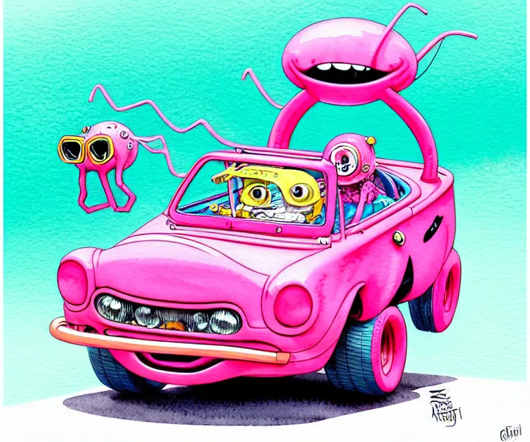 Image similar to cute and funny, pink colored squid wearing goggles riding in a tiny hot rod with oversized engine, ratfink style by ed roth, centered award winning watercolor pen illustration, isometric illustration by chihiro iwasaki, edited by range murata, tiny details by artgerm and watercolor girl, symmetrically isometrically centered