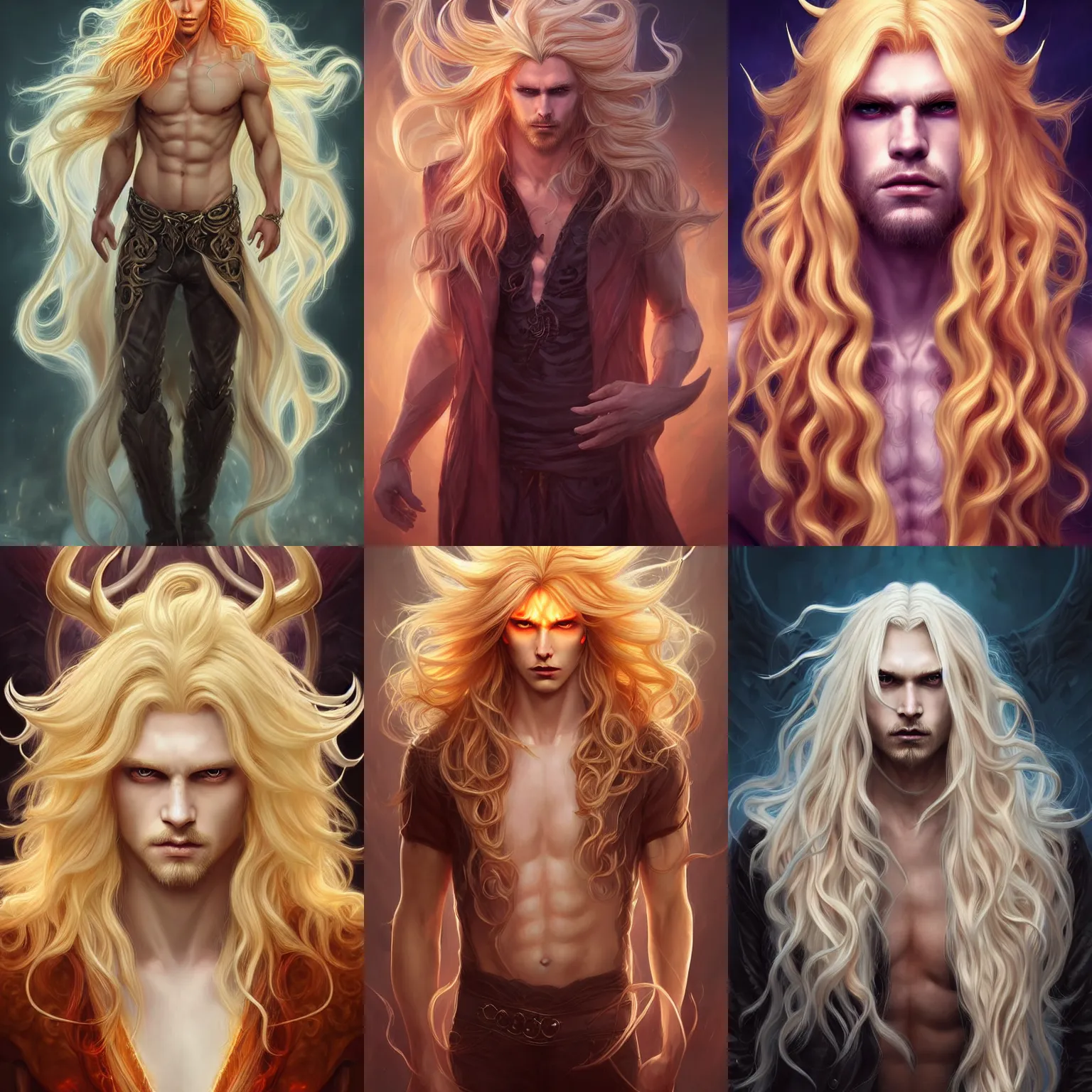 Prompt: digital art of a pale menacing male Demon God with long blond curls of hair and piercing eyes, central composition, he commands the fiery power of resonance and wrath, very very long blond curly hair with bangs!!!, Center parted bangs, fringe, baroque curls, by Ross Tran Rossdraws and WLOP, Artstation, CGsociety