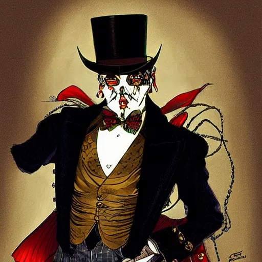 Image similar to portrait of demonic baroque steampunk cyborg gentleman with a top hat by moebius