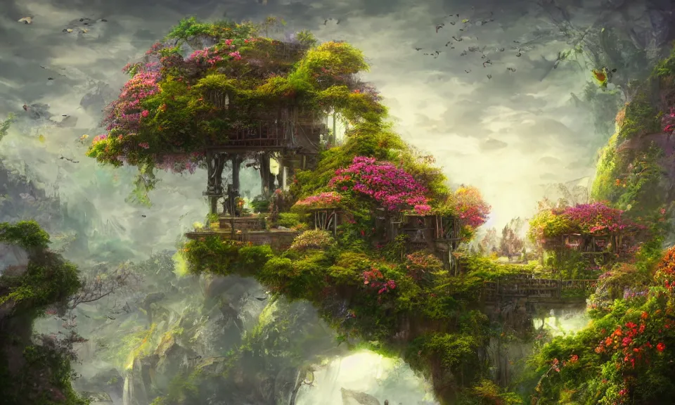 Image similar to a beautiful nature civilization, fancy, flowers, bridges, nature city, people, tree houses, trending on artstation, behance, deviantart