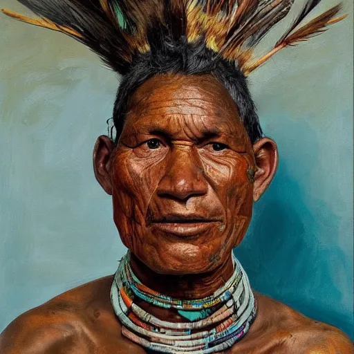 Image similar to high quality high detail painting by lucian freud and jenny saville, hd, full body of a indigenous tribe leader, turquoise color, photorealistic lighting