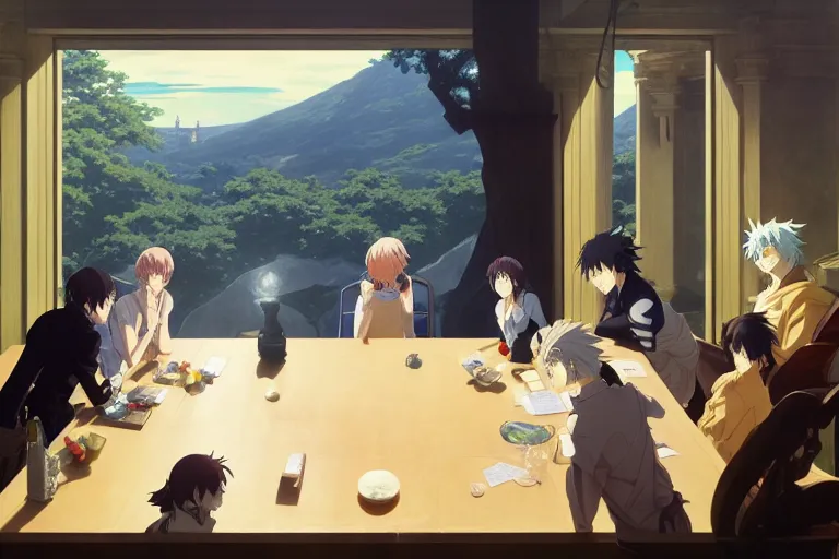 Prompt: anime key visual of seven deities sitting at a marble table, holy golen aura, style of jamie wyeth james gilleard edward hopper greg rutkowski acrylic painting, preserved museum piece, historical