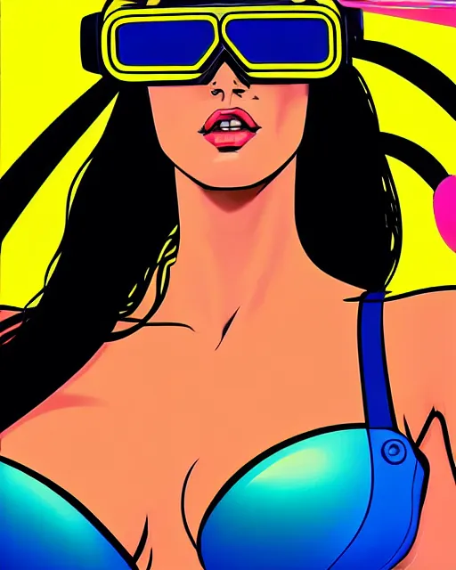 Image similar to closeup beautiful retro future megan fox wearing augmented reality goggles, glamour pose, jetsons, windblown dark hair, seductive, hyper detailed, digital art, studio lighting, smooth, ambient volumetric lighting, sharp focus, dan mumford, alphonse mucha, patrick nagle, 1 9 8 6, gta v, synthwave