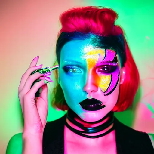 Prompt: Portrait of a beautiful cyberpunk android, red lipstick, fluorescent pink face paint, bright orange hair, metallic cyan bodysuit