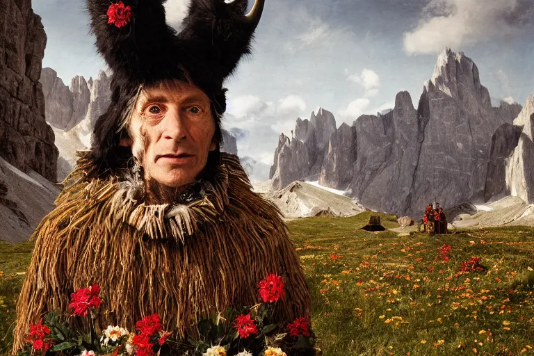 Image similar to portrait of a tyrolean folklore mask, wearing hay coat, with horns, eerie, flowers growing out of his body, dolomites in the background, detailed intricate insanely detailed octane render, 8k artistic 1920s photography, photorealistic, chiaroscuro, by David Cronenberg, Raphael, Caravaggio