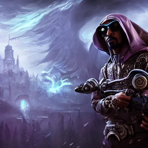 Image similar to portrait of snoop dogg as the grim reaper, league of legends amazing splashscreen artwork, gears of war, splash art, natural light, elegant, photorealistic facial features, intricate, fantasy, detailed face, atmospheric lighting, anamorphic lens flare, cinematic lighting, league of legends splash art, hd wallpaper, ultra high details by greg rutkowski