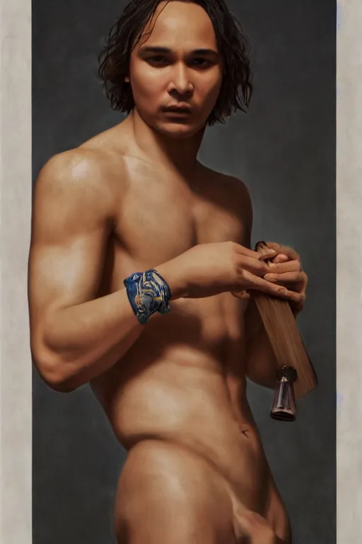 Prompt: Frank Dillane shirtless with goat legs and playing pan flute, full body, oil on canvas, intricate, portrait, 8k highly professionally detailed, HDR, CGsociety