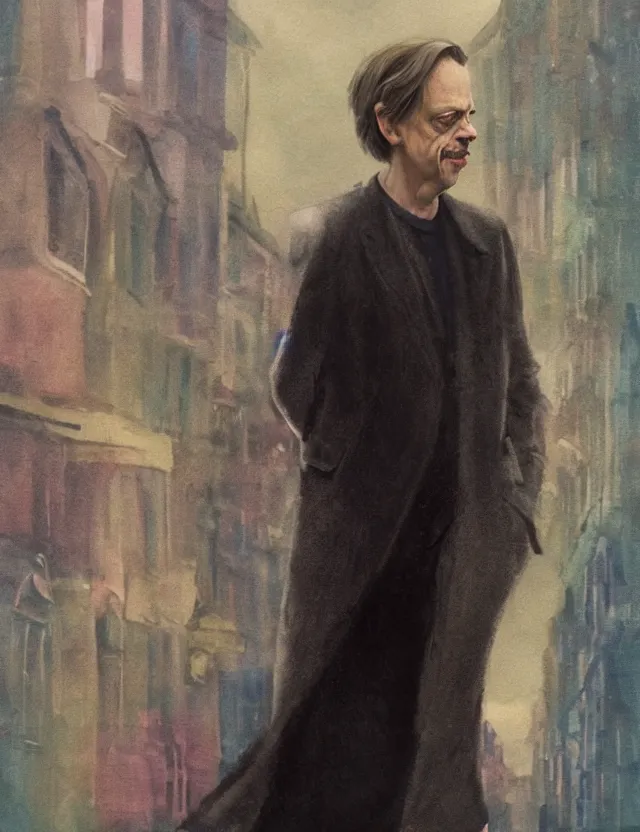 Prompt: steve buscemi in london. gouache fairytale art, russian romanticism, muted palette, backlighting, depth of field