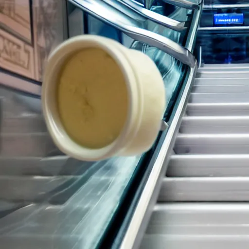 Image similar to a jar of mayonnaise on an escalator, close - up, photorealistic, 8 k