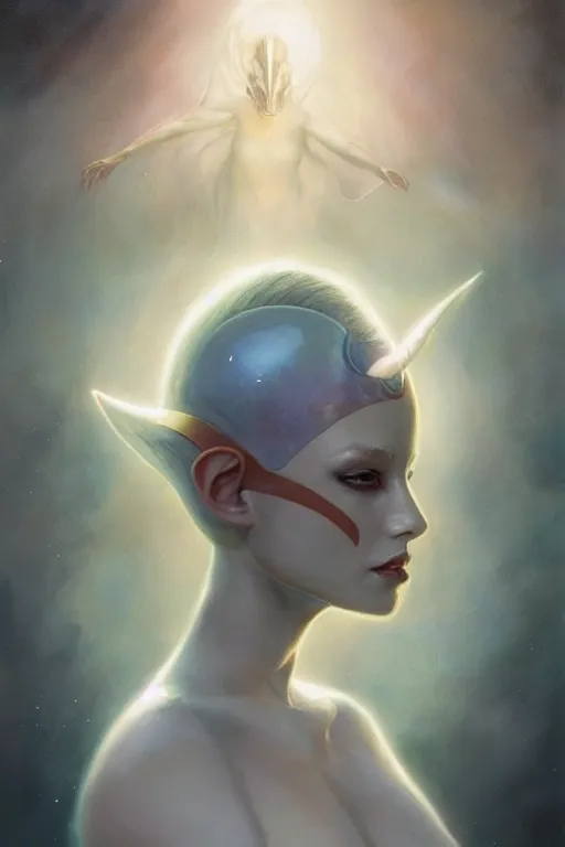 Image similar to a subtle lighting photo of an elegant beautiful alien queen, light colors, bright, sunbeams, eloquent, fancy, lovely, beautiful lighting, artgerm, tom bagshaw, gerald brom,