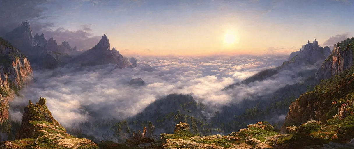 Prompt: a photorealistic breathtaking aerial view of the eastern alps mountain range at sunrise, cliffs, fog, hyperrealism, highly detailed, intricate, cinematic, front facing camera, cinematic, epic lighting, 8 k by frederic church, albert bierstadt