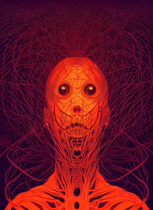 Image similar to symmetry!! stunning portrait of a demon!! by victo ngai, moody colors, dynamic lighting, horror!! body horror digital art, winning award masterpiece, fantastically beautiful, illustration, aestheticly inspired by beksinski and dan mumford, trending on artstation, art by greg rutkowski and david cronenberg and h r giger, 8 k