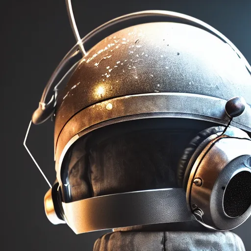 Prompt: a portrait of a broken brotherhood of steel helmet, wearing headphones, shattered glass and water droplets fly everywhere, refracted light, camera is focused on headphones, unreal engine 5, contrast side light, extremely detailed