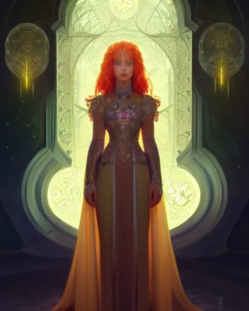 Prompt: symmetry portrait of redhead princess, glam, cleric, fireflies, crypt background, intricate, elegant, highly detailed, digital painting, artstation, concept art, smooth, sharp focus, illustration, art by artgerm and greg rutkowski and fra angelico and alphons mucha