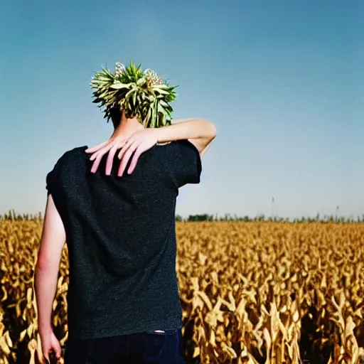 Image similar to kodak portra 8 0 0 photograph of a skinny blonde guy standing in a cornfield, flower crown, back view, grain, moody lighting, telephoto, 9 0 s vibe, blurry background, vaporwave colors!, faded!,