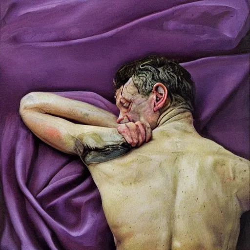 Prompt: high quality high detail painting by lucian freud, hd, purple scars