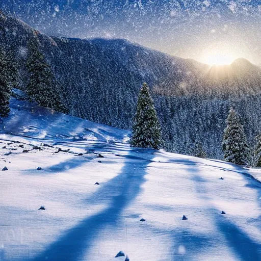 Image similar to snowfall over a beautiful mountain scene with sparse rays of sunshine