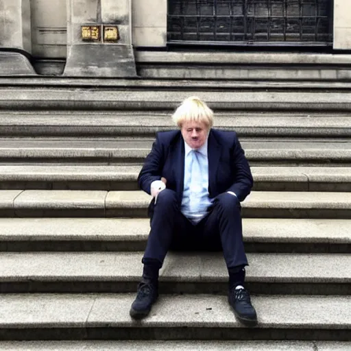 Prompt: Photo of Boris Johnson as a tramp sitting on the steps of Westminster
