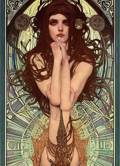 Image similar to a highly detailed symmetrical painting of a sorceress with piercing beautiful eyes, dark tomb setting, dynamic lighting, ambient lighting, deviantart, art by alphonse mucha and artgerm and karol bak and mark brooks