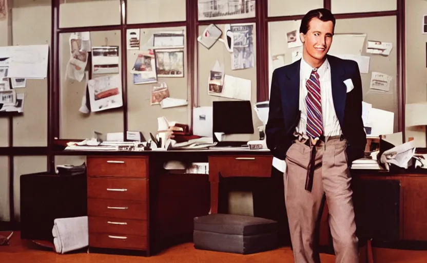 Prompt: color photo of a photomodel handsome wall street banker wearing suspenders in his office. 8 0's style