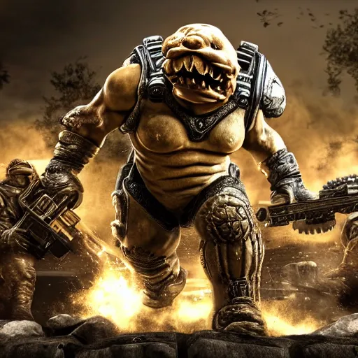 Prompt: King Koopa in Gears of War, highly detailed, high quality, HD, 4k, 8k, Canon 300mm, professional photographer, 40mp, lifelike, top-rated, award winning, realistic, sharp, no blur, edited, corrected, trending