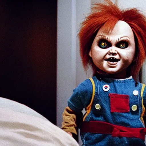 Image similar to chucky the killer doll standing in a dimly lit hospital