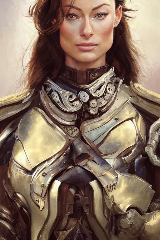 Image similar to a professional painting of a young Olivia Wilde, clothes in military armor, olive skin, long dark hair, beautiful bone structure, symmetrical facial features, intricate, elegant, digital painting, concept art, smooth, sharp focus, illustration, from StarCraft by Ruan Jia and Mandy Jurgens and Artgerm and William-Adolphe Bouguerea