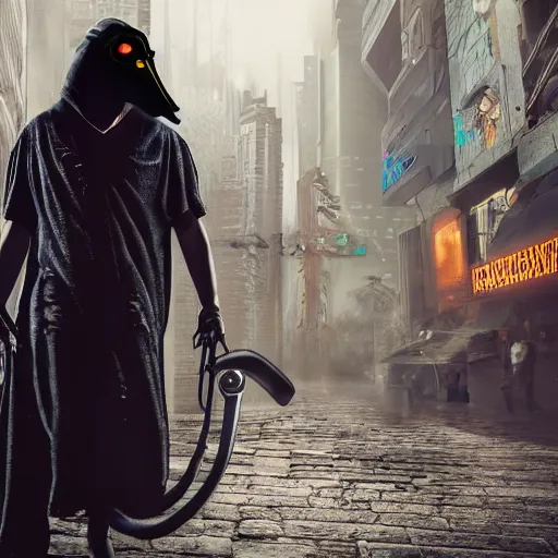 Image similar to cyberpunk inspired plague doctor hacking, 4 k, stunning, shifted angle